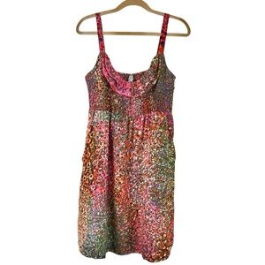 Anthropologie Maeve Confetti Whirl 100% Silk Dress Smocked Colorful Pockets Sz M